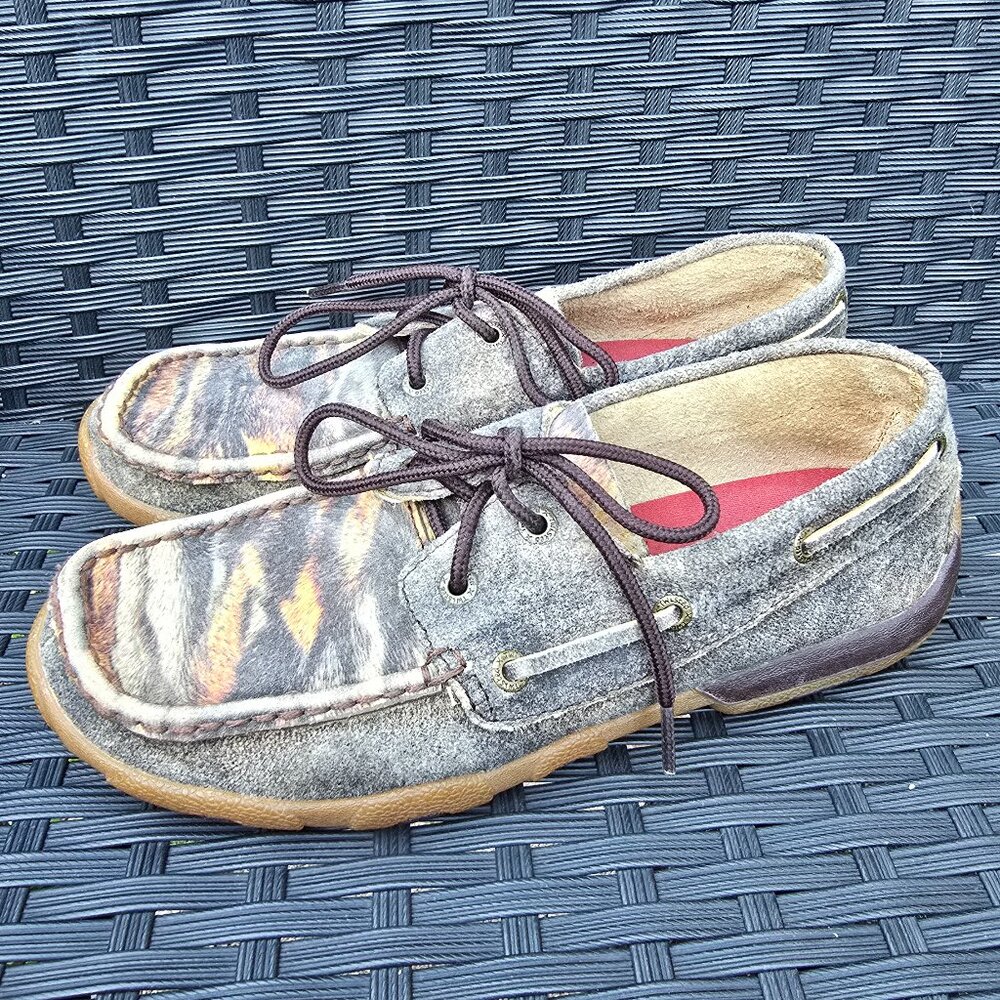 Twisted X Womens 7M Driving Moc Tiger Print Distressed Brown Leather WDM00233